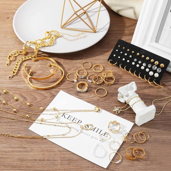 36 PC Gold Plated Jewelry Set with 4 Necklace, 11 Bracelet, 7 Ear Cuffs Earring, - Picture 6 of 8